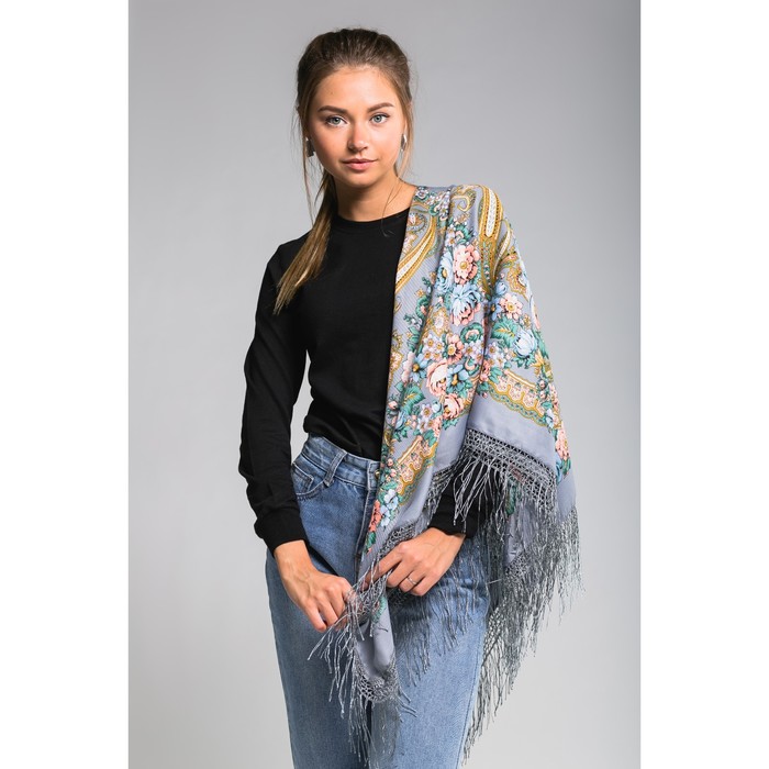 Платок многоцветный с бахромой Этель "Новогодние забавы", размер 115х115 см, принт муаровый