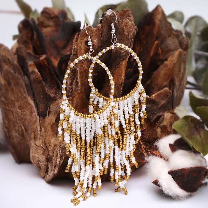 Серьги бисер "Россыпь", цвет бело-золотой