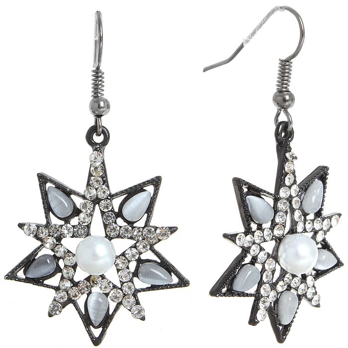 Серьги с жемчугом "Звезда" кошачий глаз, цвет белый в сером металле