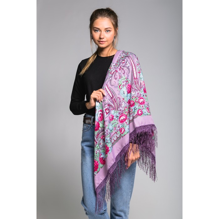 Платок многоцветный с бахромой Этель "Новогодние забавы", размер 115х115, цвет лавандовый