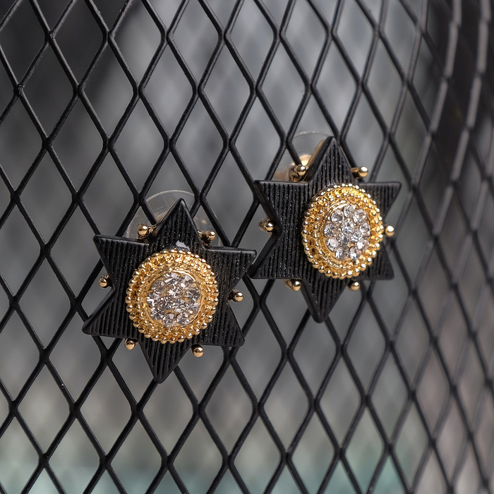 Серьги со стразами "Звезда" шестиконечная, цвет чёрно-золотой