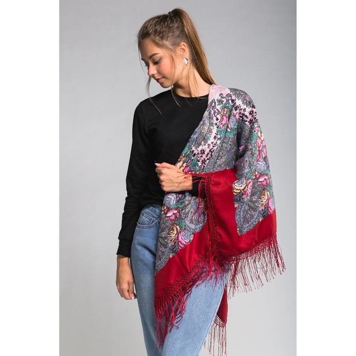 Платок многоцветный с бахромой Этель "Новогодние забавы", размер 115х115 см, принт маджента