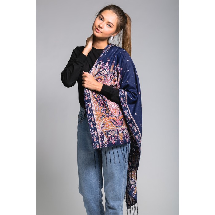 Палантин многоцветный с бахромой "Этель", размер 160х65 см, цвет синий, принт королевский