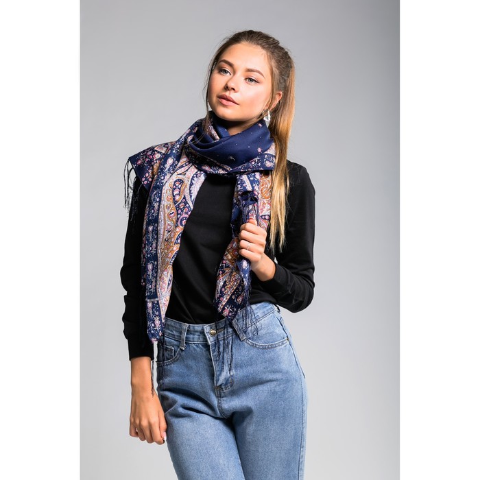 Палантин многоцветный с бахромой "Этель", размер 160х65 см, цвет синий, принт королевский