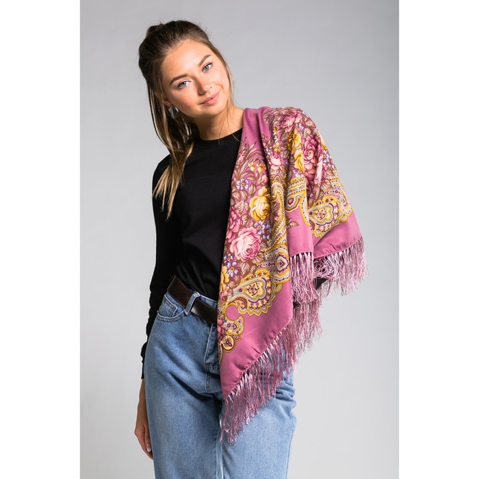 Платок многоцветный с бахромой Этель "Новогодние забавы", размер 92х92 см, цвет лиловый