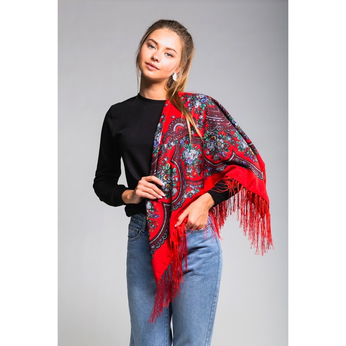 Платок многоцветный с бахромой Этель "Новогодние забавы", размер 92х92 см, цвет пурпурный