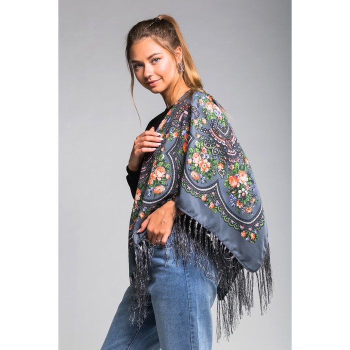 Платок многоцветный с бахромой Этель "Новогодние забавы", размер 92х92 см, цвет маренго