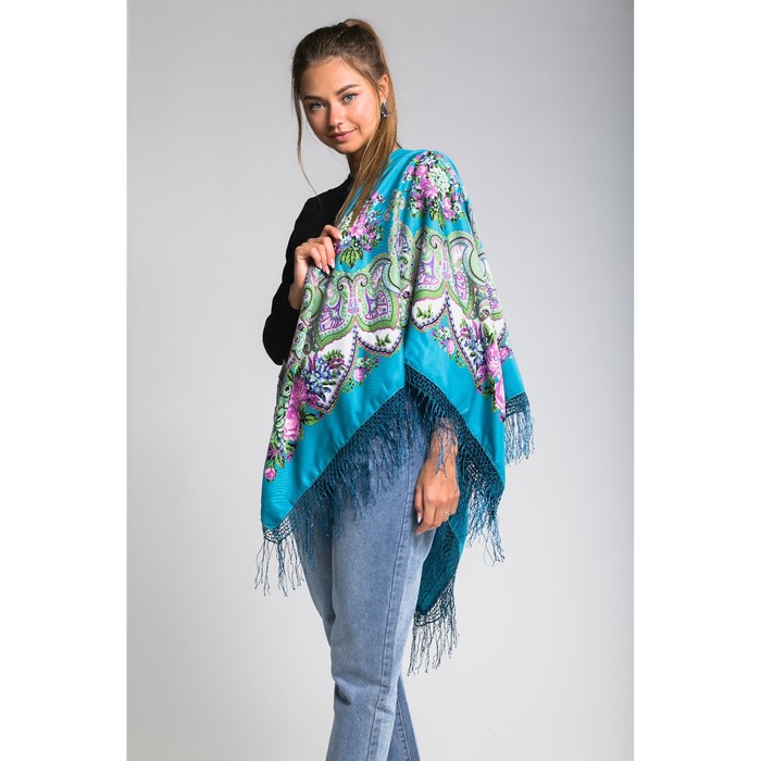 Платок многоцветный с бахромой Этель "Новогодние забавы", размер 115х115 см, цвет васильковый