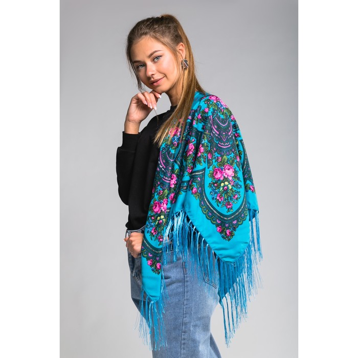 Платок многоцветный с бахромой Этель "Новогодние забавы", размер 92х92 см, цвет лазурный