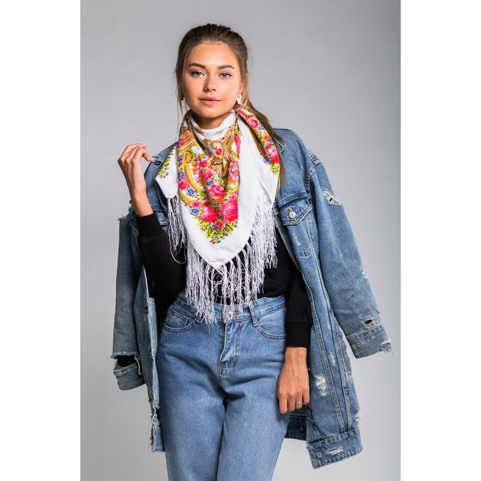 Платок многоцветный с бахромой Этель "Новогодние забавы", размер 92х92 см, принт льняной