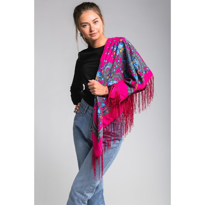 Платок многоцветный с бахромой Этель "Новогодние забавы", размер 92х92 см, цвет малиновый