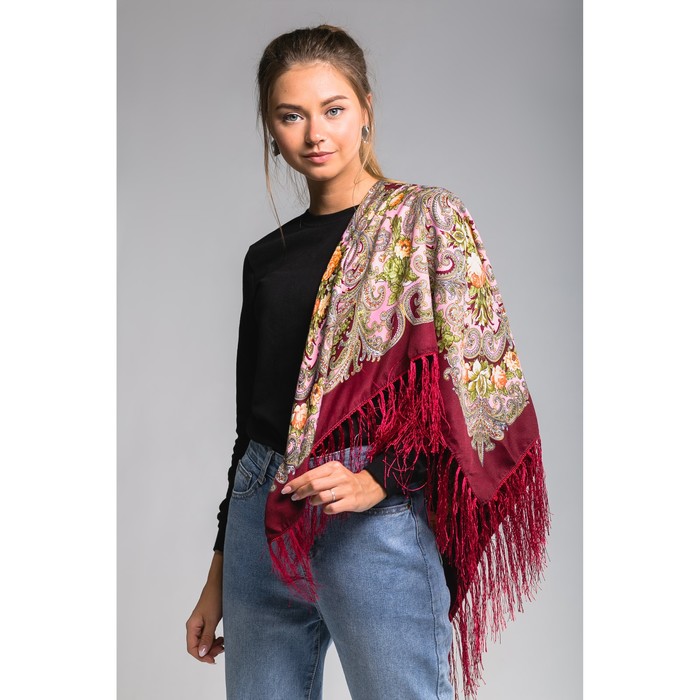 Платок многоцветный с бахромой Этель "Новогодние забавы", размер 92х92 см, цвет рубиновый