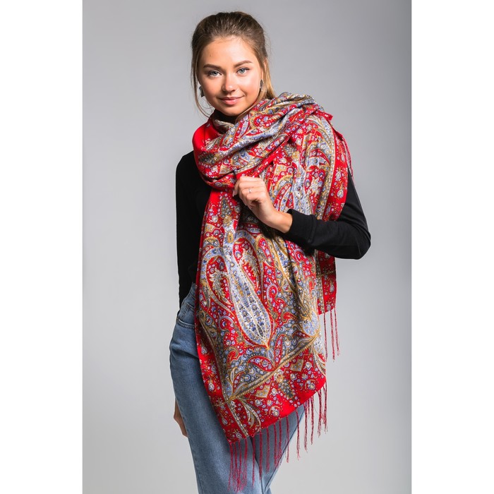 Палантин многоцветный с бахромой "Этель", размер 160х65 см, цвет пунцовый