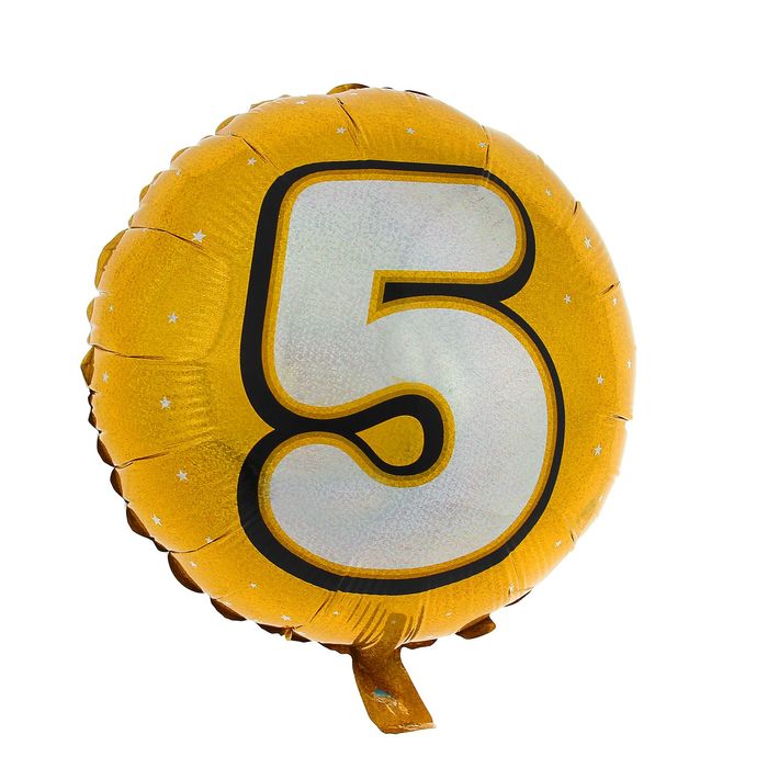 Шар фольгированный 18", цифра 5, круг, голография, цвет золотой