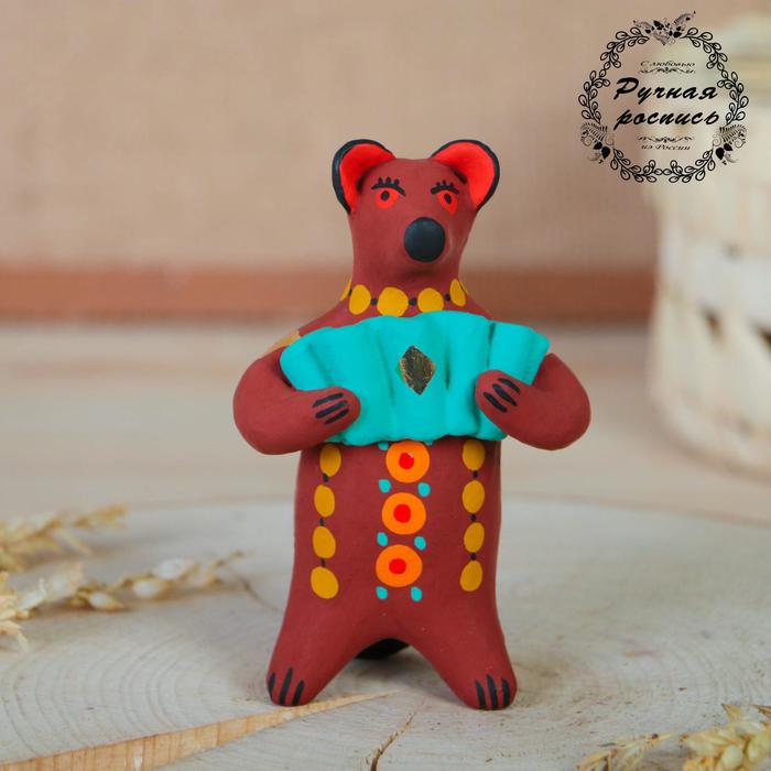 Дымковская игрушка Медведь с цветком, с петухом, с гармонью, 11 см, микс