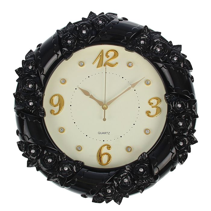 Часы настенные круглые "Пышные цветы", d=48 см, рама чёрная лепнина, циферблат белый