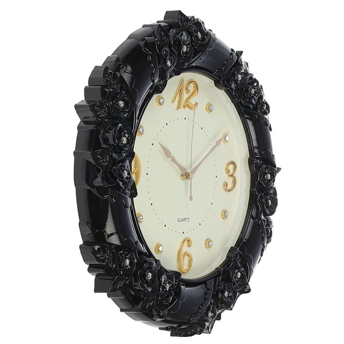 Часы настенные круглые "Пышные цветы", d=48 см, рама чёрная лепнина, циферблат белый