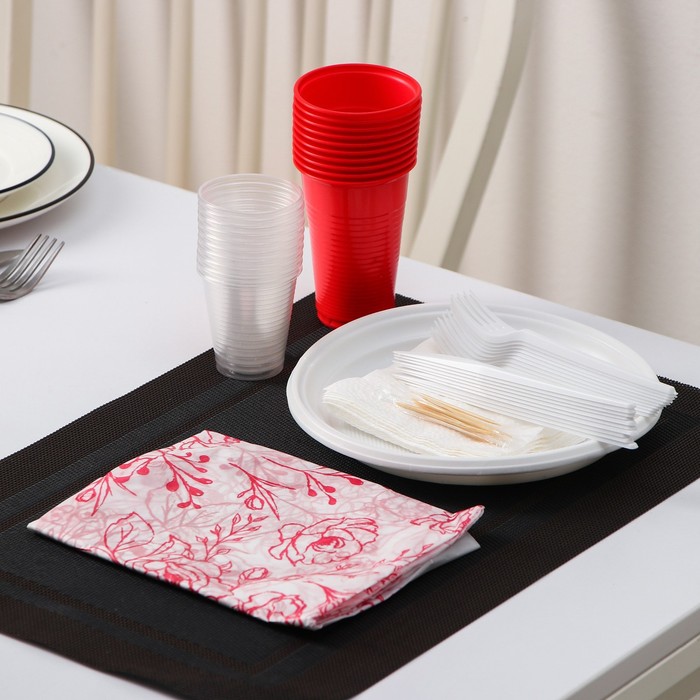 Набор "На природу": 10 тарелок белых d=22 см, 10 стаканов цветных 200 мл, 10 вилок белых