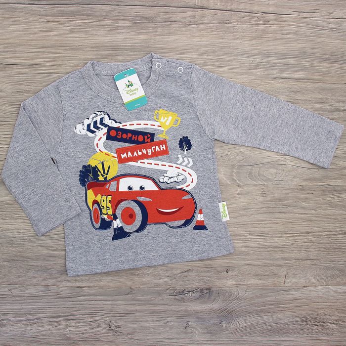 Футболка с длинным рукавом для мальчиков "Озорной мальчуган", Тачки, рост 74-80 (52) см, 9-12 мес, 100% хлопок
