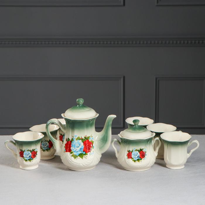 Чайный сервиз "Ажур" изумруд, розы, 8 предметов: чайник 1 л, сахарница, 6 кружек 0,25 л