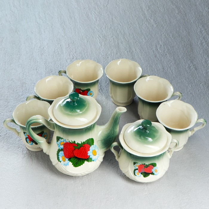 Чайный сервиз "Ажур" изумруд, клубника, 8 предметов: чайник 1 л, сахарница, 6 кружек 0,25 л