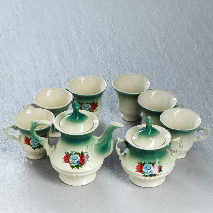 Чайный сервиз "Блиц" изумруд, розы, 8 предметов: чайник 0,6 л, сахарница, 6 кружек 0,25 л