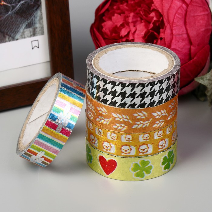 Клейкая лента для декора "Картинки", голография, намотка 10 м, ширина 1.5 см, МИКС