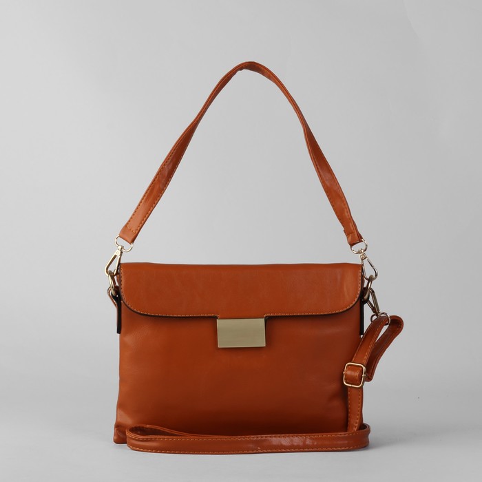 Клатч женский на молнии, 1 отдел с перегородкой, 1 наружный карман, длинный ремень, коричневый