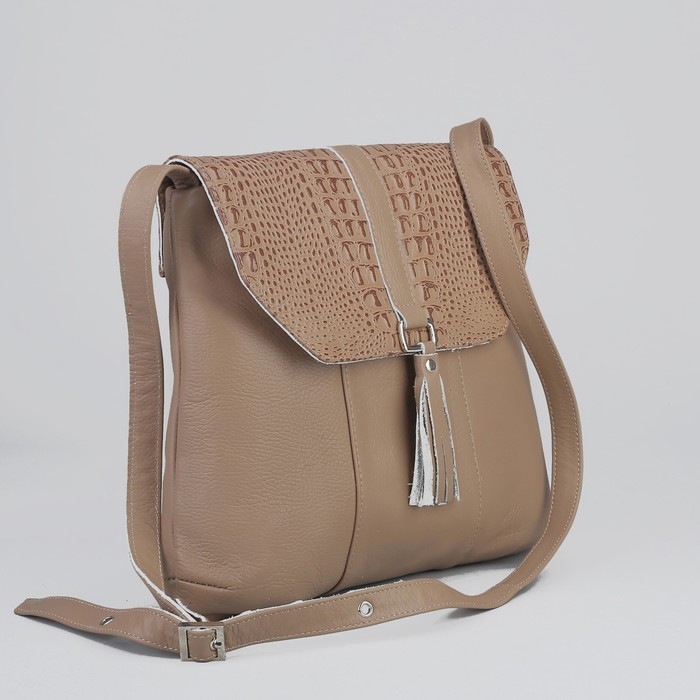 Сумка женская на молнии, 1 отдел, 1 наружный карман, длинный ремень, бежевая