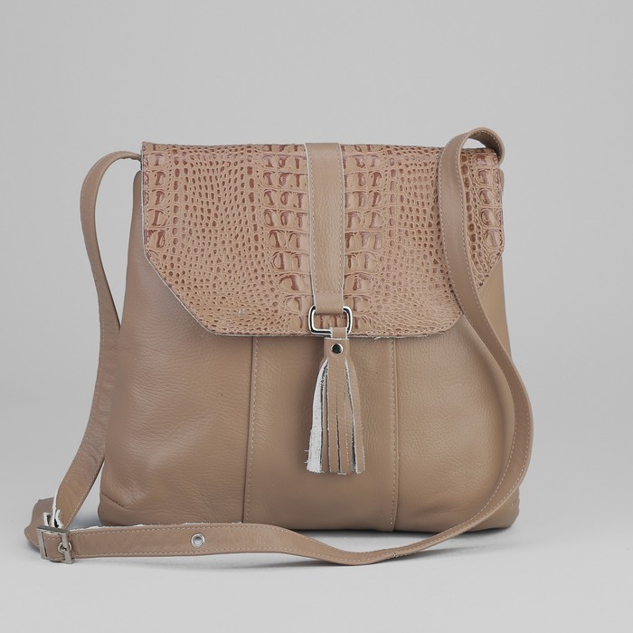 Сумка женская на молнии, 1 отдел, 1 наружный карман, длинный ремень, бежевая