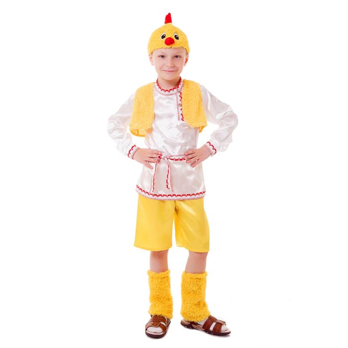Карнавальный костюм "Цыплёнок", рубашка, шорты, меховой жилет, шапка, гетры, р-р 64, рост 122-128 см