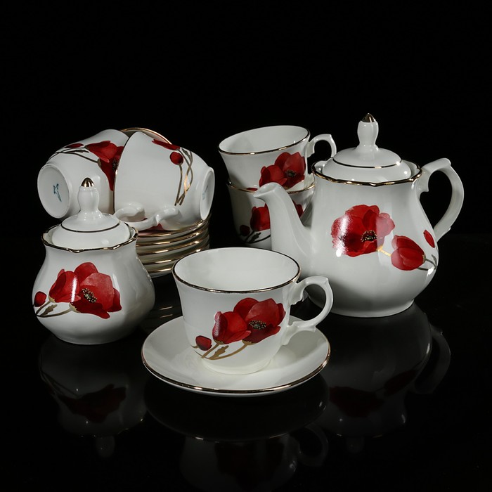 Сервиз чайный "Арина. Маки золотые", 14 предметов: чайник 1,04 л, сахарница 500 мл, 6 чашек 270 мл, 6 блюдец 14,7 см