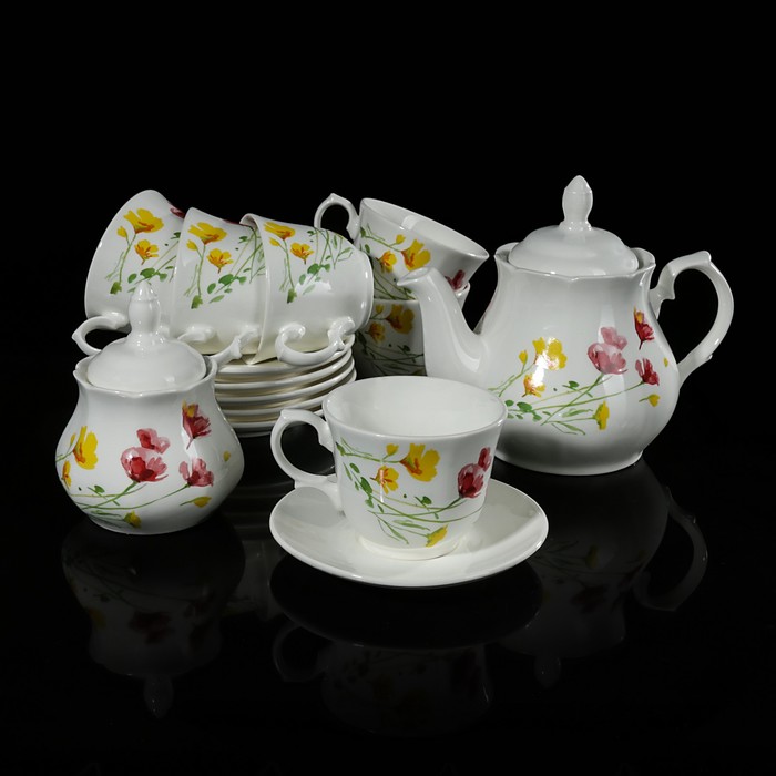 Сервиз чайный "Арина. Лютики", 14 предметов: чайник 1,04 л, сахарница 500 мл, 6 чашек 270 мл, 6 блюдец 14,7 см
