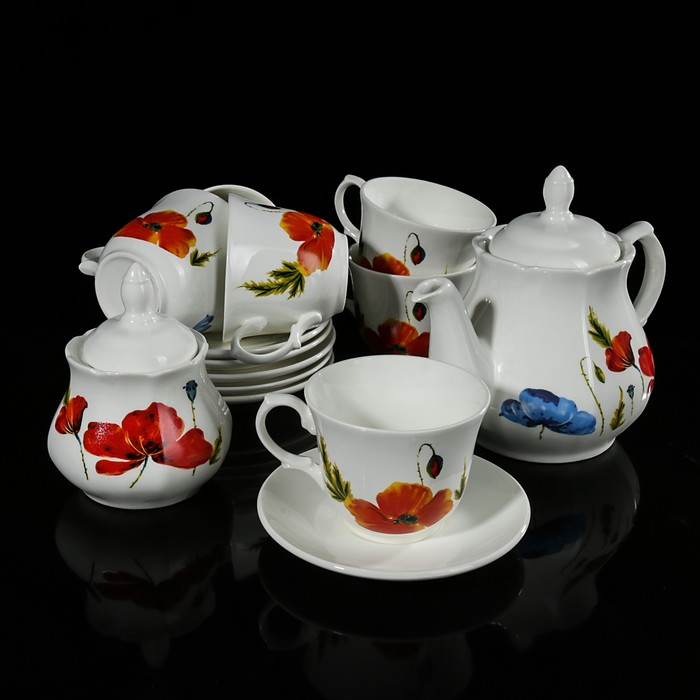Сервиз чайный "Арина. Полевые маки", 14 предметов: чайник 1,04 л, сахарница 500 мл, 6 чашек 270 мл, 6 блюдец 14,7 см