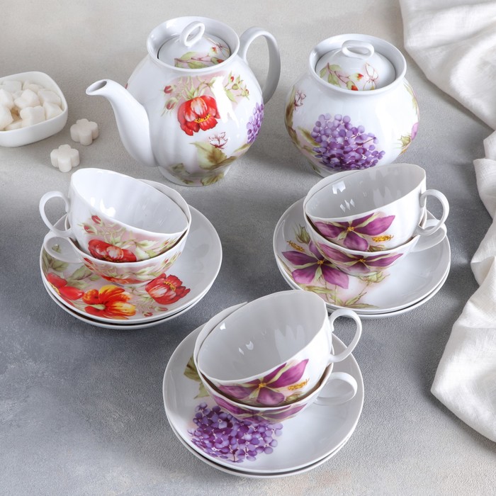 Сервиз чайный "Белый лебедь. Альпийские цветы", 14 предметов, рисунок МИКС