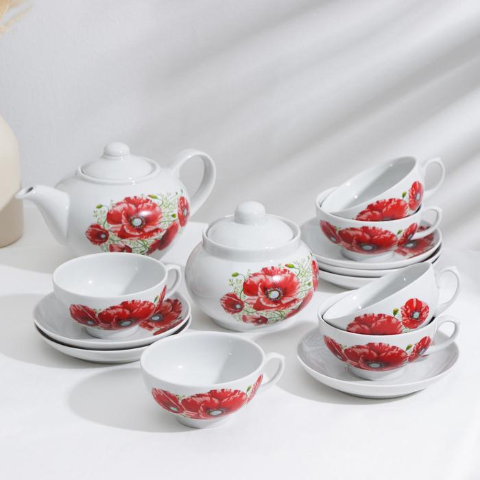 сервиз чайный фарфоровый багульник 14 предметов на 6 персон форма дачный россия Сервиз чайный «Дачный. Маки», 14 предметов