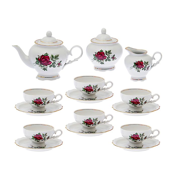 Сервиз чайный "Агат. Черная роза", 15 предметов: чайник 1 л, сахарница 600 мл, сливочник 300 мл, 6 чашек 230 мл, 6 блюдец 15 см