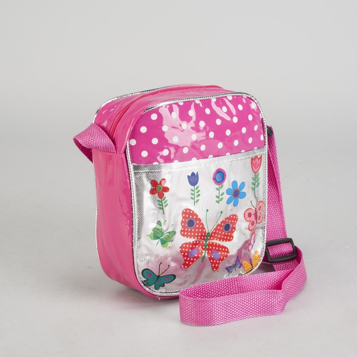 Сумка детская на молнии "Бабочки", 1 отдел, 1 наружный карман, длинный ремень, цвет малиновый