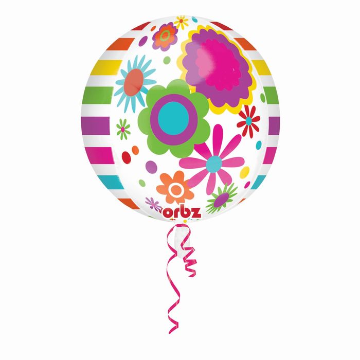 Шар фольгированный 16" 3D Happy Birthday "Цветы и ленты", сфера