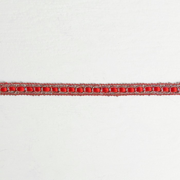 Тесьма декоративная с ленточкой, ширина 1см, длина 10±1м, цвет красный