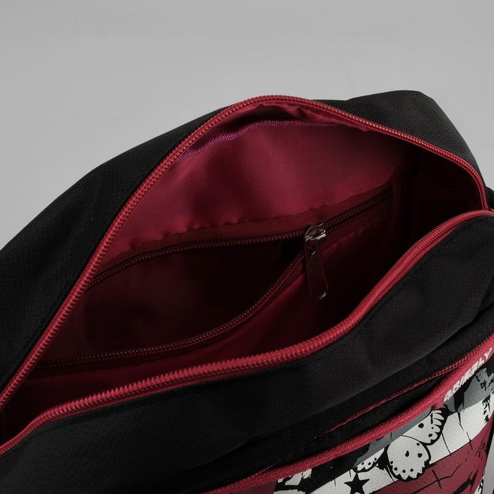 Сумка молодёжная на молнии, 1 отдел, 3 наружных кармана, чёрный/бордовый