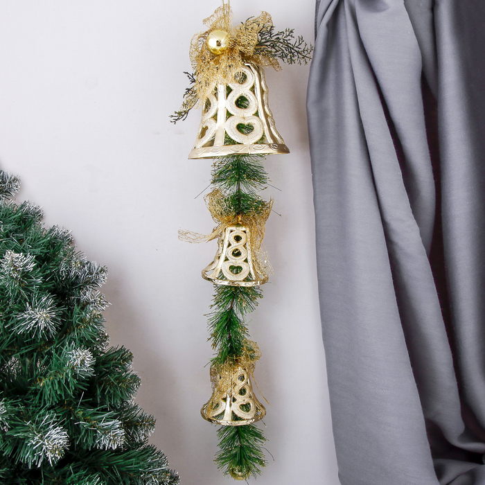 Украшение новогоднее "Колокольчики резные золотые с веткой" 12*60 см