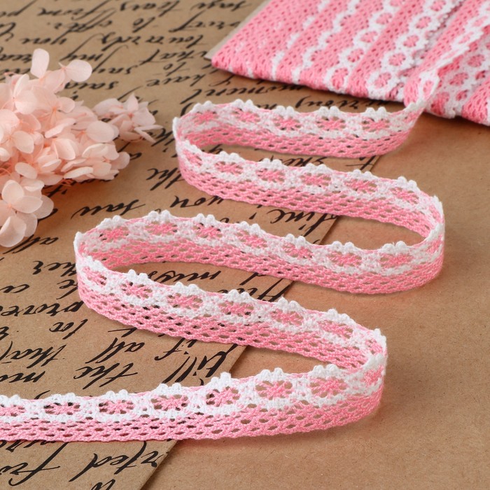 Кружево вязаное, ширина 15мм, 15±1м, цвет розово-белый