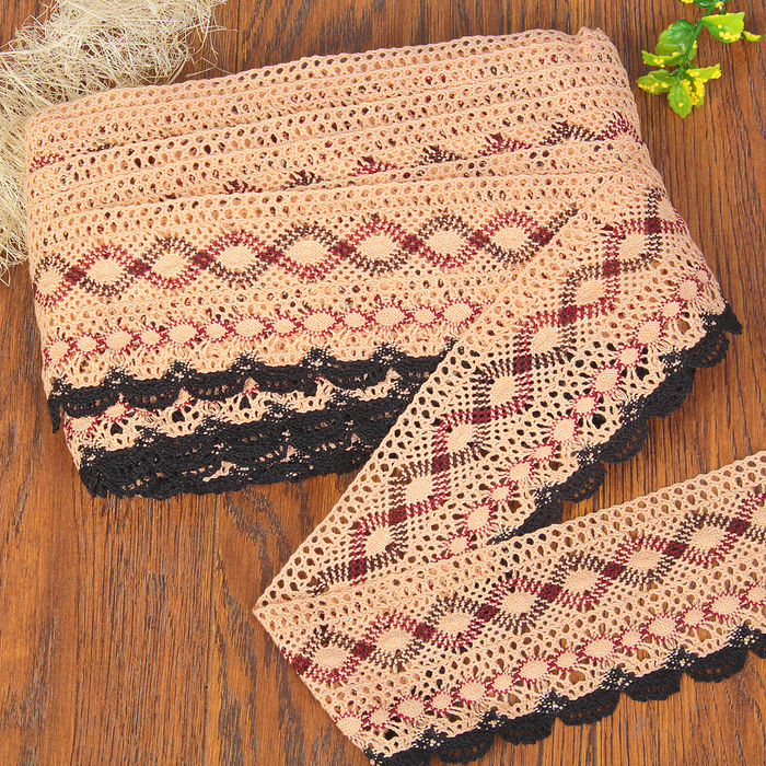 Кружево вязаное, ширина 70мм, 15±1м, цвет бордово-чёрно-коричневый