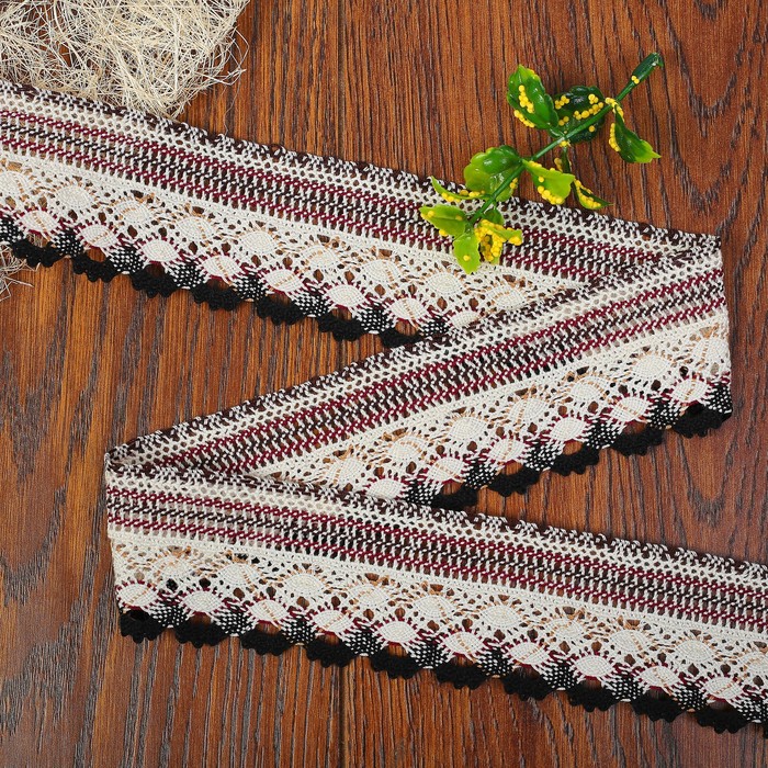 Кружево вязаное, ширина 50мм, 15±1м, цвет бело-бордово-чёрный