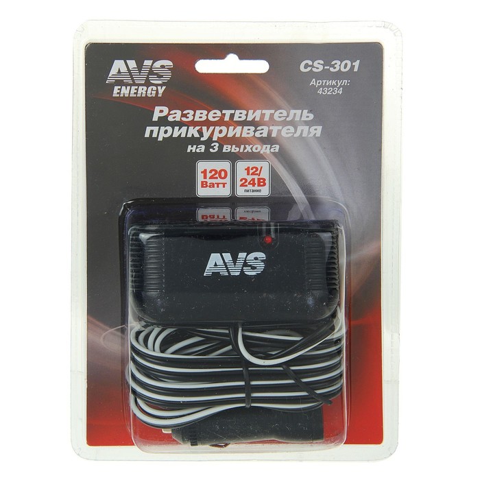 Разветвитель прикуривателя AVS CS301, 12/24 В, на 3 выхода