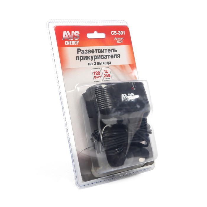 Разветвитель прикуривателя AVS CS301, 12/24 В, на 3 выхода