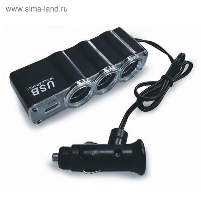 Разветвитель прикуривателя AVS CS314U, 12/24 В, на 3 выхода + USB разветвитель прикуривателя avs cs313u 2 24v на 3 выхода usb