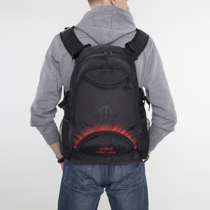 Рюкзак молодёжный на молнии, 2 отдела, 4 наружных кармана, чёрный/красный