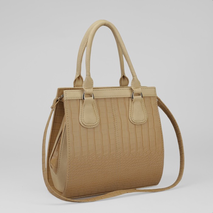 Сумка женская на молнии, 1 отдел, 1 наружный карман, бежевая рептилия